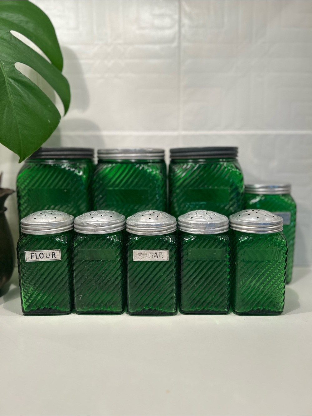 Superbe Lot 9 pots Vintage « Green Owens Illinois  Glass »